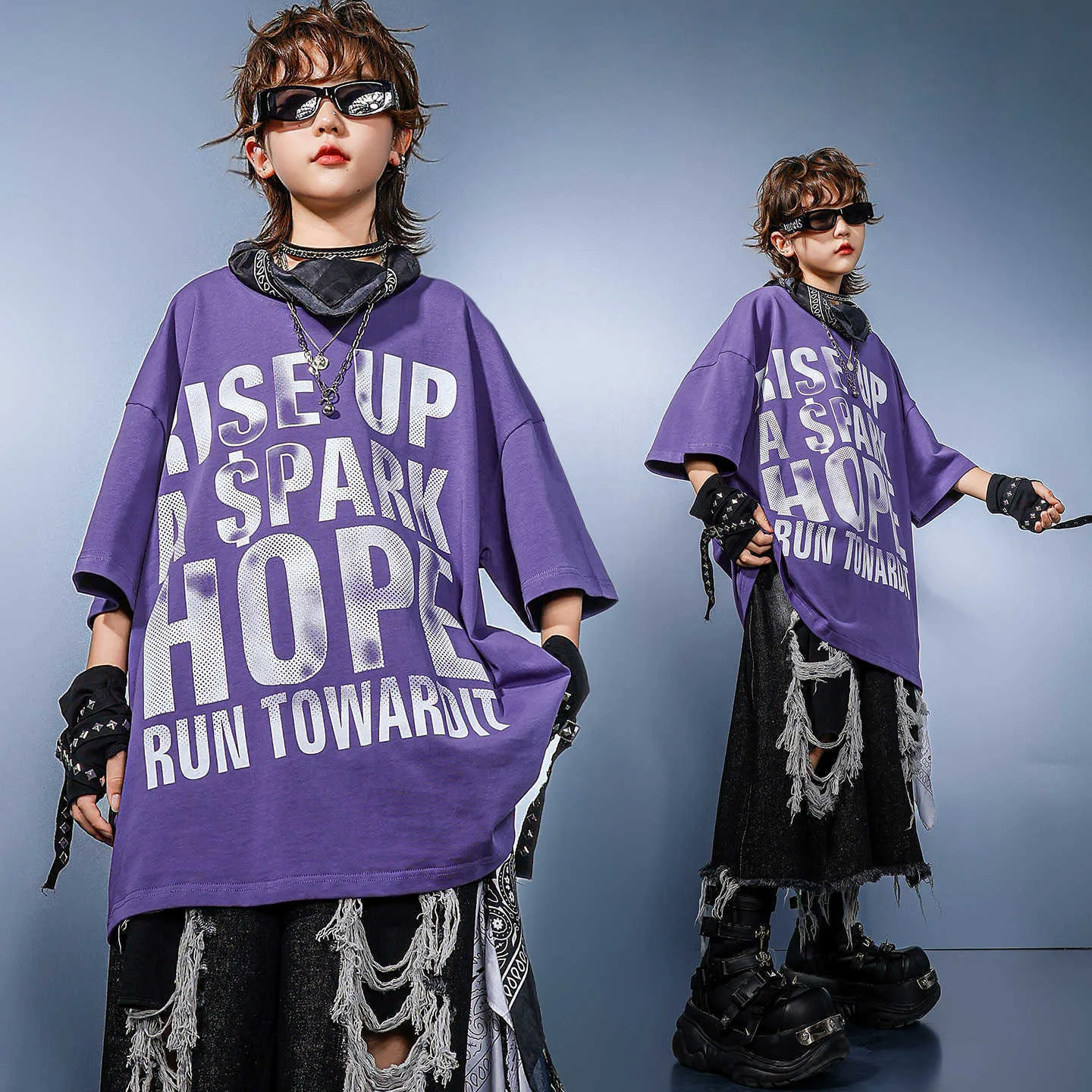 Kid Hip Hop Clothing Purple Letters T Shirt Black Distressed Ripped Jeans Shorts Middle Pants for Girl Boy Dance Costume Clothes view 2
