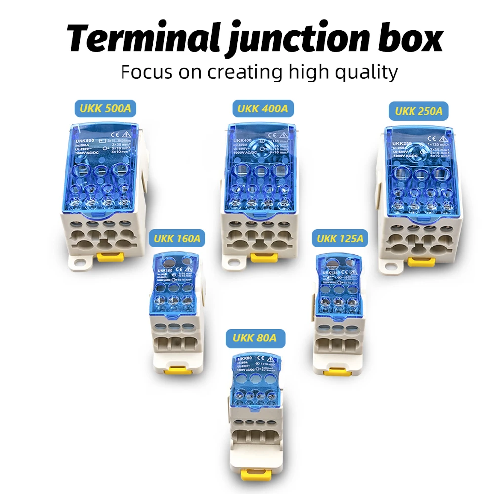 Din Rail Distribution Junction Box One in Seve Out Power Wire Electric Connector Terminal Block UKK 80A/125A160A/250A/ 400A/500A