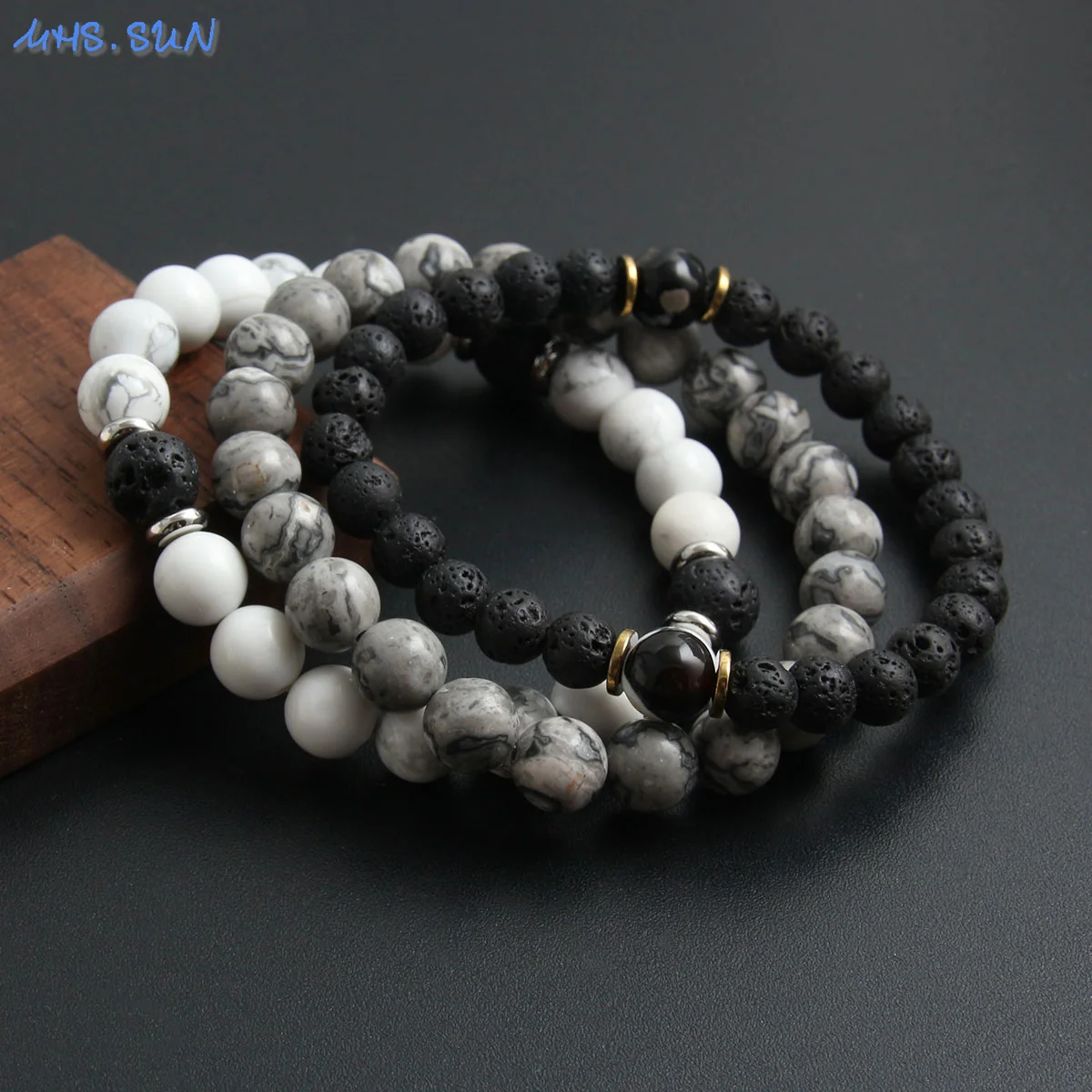 MHS.SUN Natural Map Stone Stretch Bracelet Stainless Steel Handmade Howlite Lava Stone Elastic Stackable Energy Men Jewelry