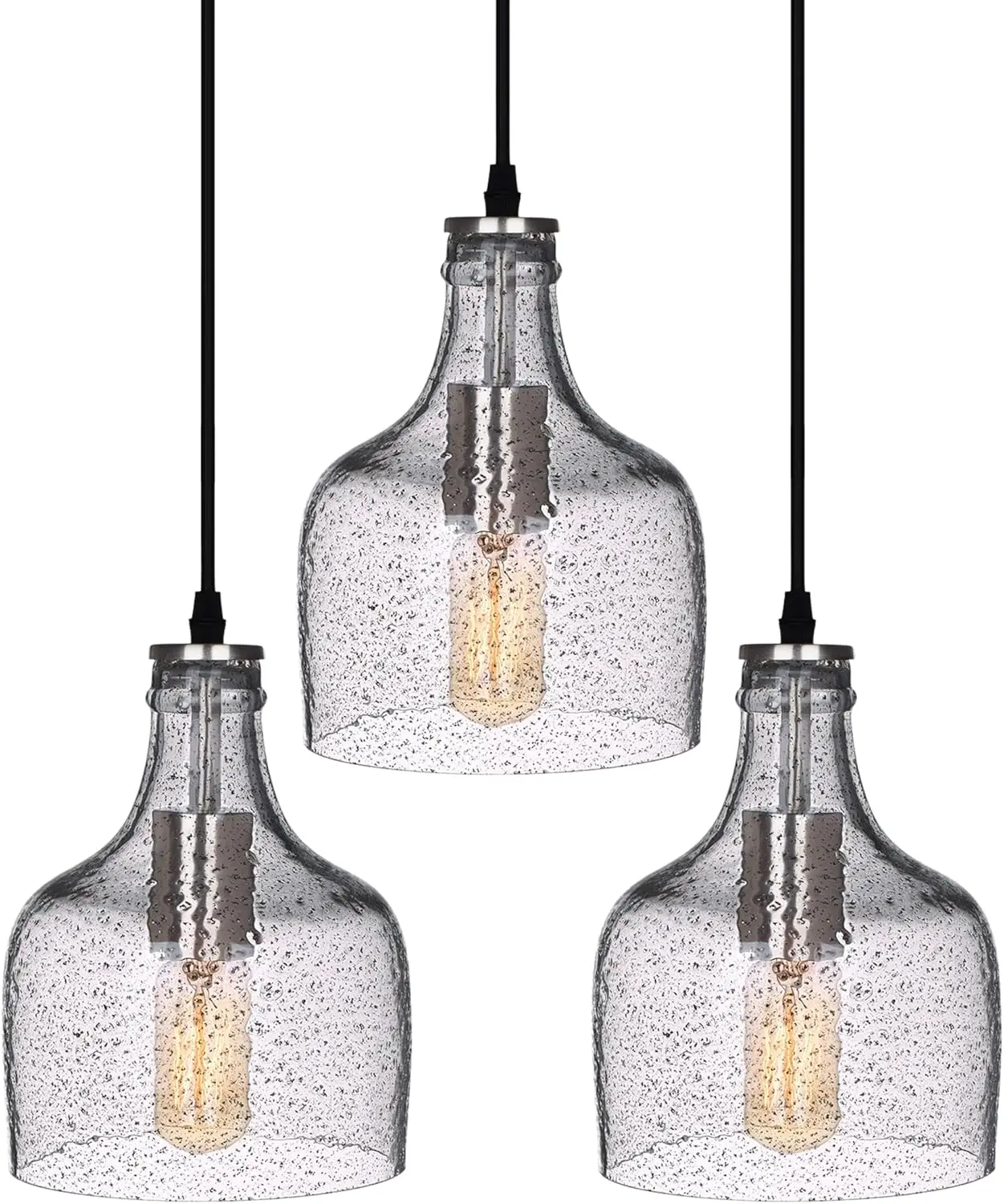 

Pendant Lighting kitchen island Set of 3 Hand Blown Clear Glass with Black Marble Modern Farmhouse Light Fixtures Ove