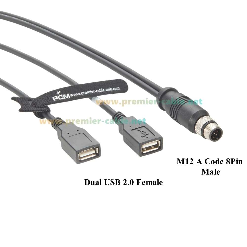 M12 A Code 8 Pin Male to Dual USB 2.0 Female Extension Cable IP67 Waterproof M12 Y Splitter Cable Compatible M12-2USB-300