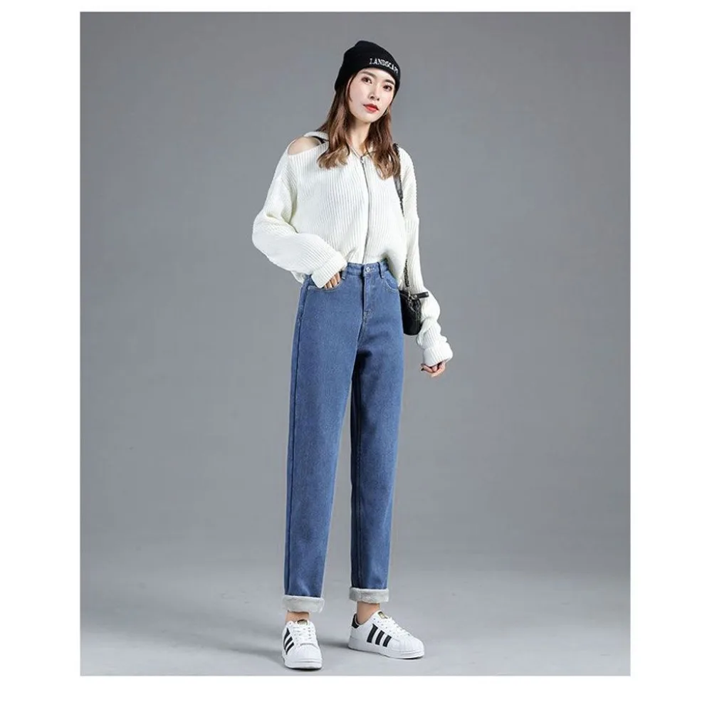 秋冬新作 プラッシュデニム ホワイト ハイウエスト ストレートレッグ デニム レディース ゆったり おしゃれ スモークパイプパンツ