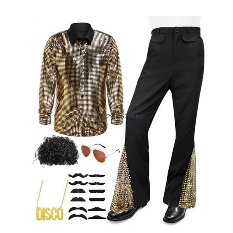 70s Vintage Disco Costume for Men Shiny Golden Shirt Flared Pants with Accessories Adult Halloween Party Performance Outfits view 4