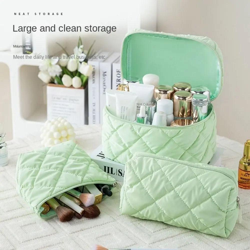 3pcs/set Nylon Cotton Quilted Makeup Bag Multi-function Large Capacity Toiletry Cosmetic Pouch Solid Color Lightweight