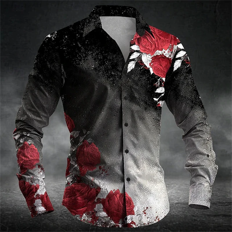 

Новинка 2025, мужская модная рубашка на Хэллоуин, 3D элегантная уличная однобортная рубашка с длинным рукавом и принтом роз, S-5XL