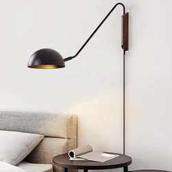 Nordic Bedroom Bedside Wall Lamps Plug In Wall Sconce Black White Iron Lampshade Swing Long Arms Wall Mounted Light E27