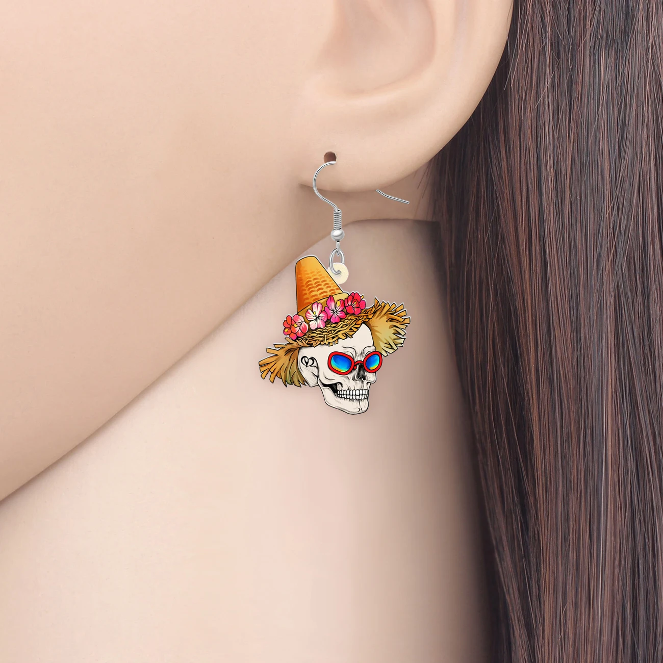 BONSNY Halloween Acrylic Beach Straw Hat Skull Earrings Dangle Drop Novelty Punk Jewelry for Women Girls Kids Charms Gifts