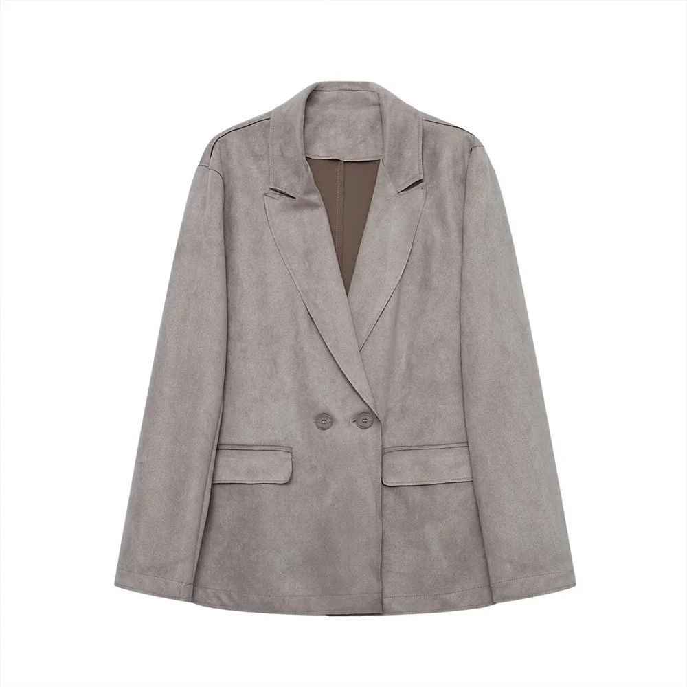 Nueva chaqueta de traje con efecto de gamuza de manga larga con solapa y bolsillo abatible informal a la moda para mujer de invierno