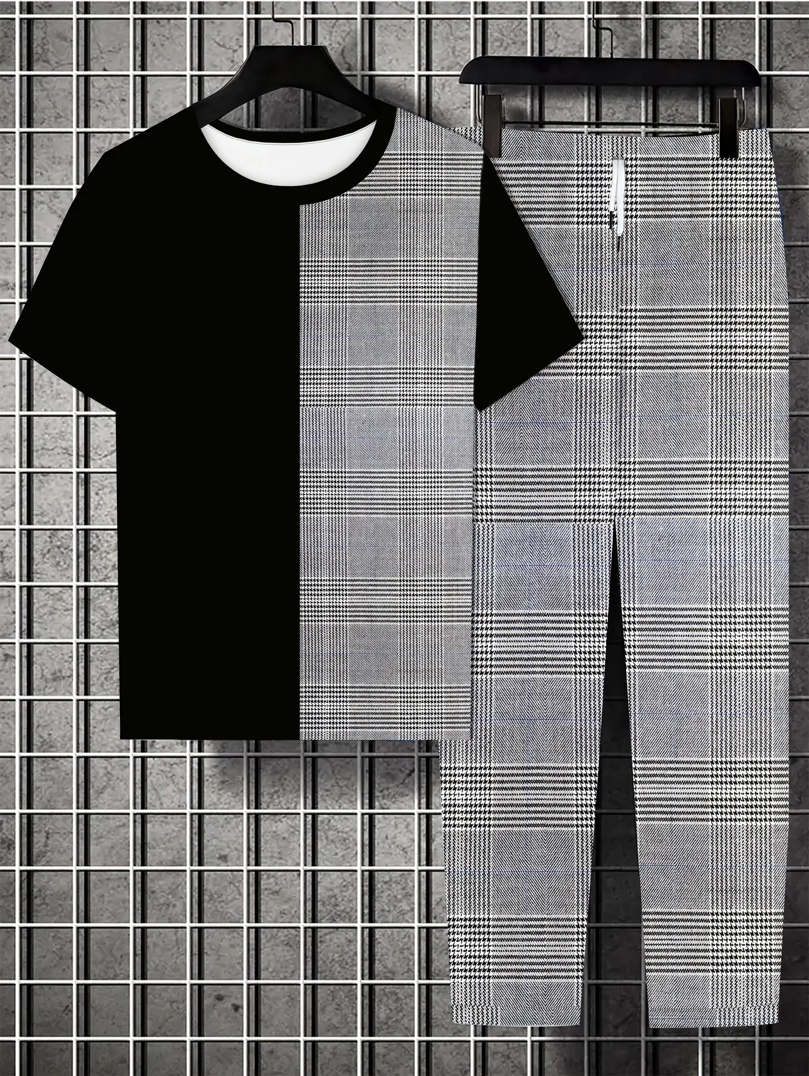 

Men’s Luxury 3D Plaid Symmetrical Color Block Print Breathable Quick Dry Sporty Street T-Shirt and Drawstring Pants 2-Piece Set