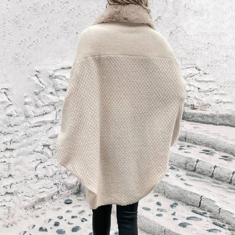 Abrigo de manga murciélago de piel sintética a la moda, cárdigan acrílico tejido para otoño e invierno, capa holgada y delgada para mujer