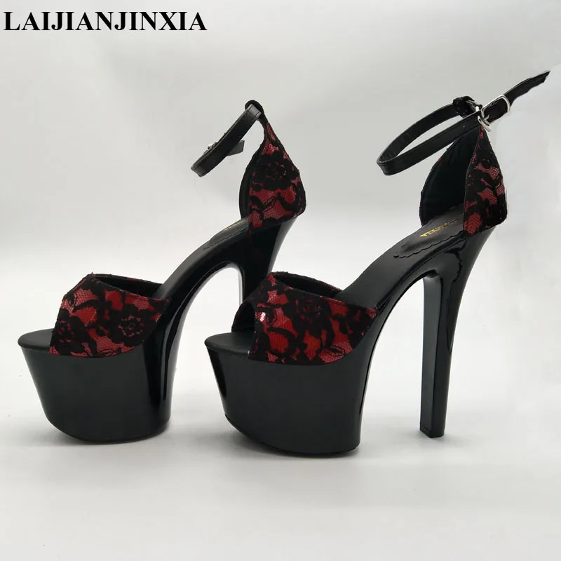 

LAIJIANJINXIA New PU Sexy Exotic Pole Dancing Shoes Summer Women Sandals 17CM High Heels Buckle Strap Size 34-46 G091