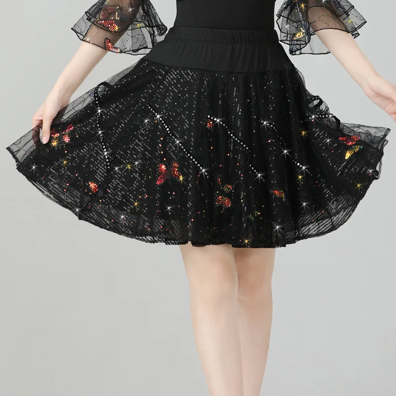 Quadrado dança latina saia curta jitterbug meio corpo saia lantejoulas borboleta três passos saia inchada desempenho traje feminino