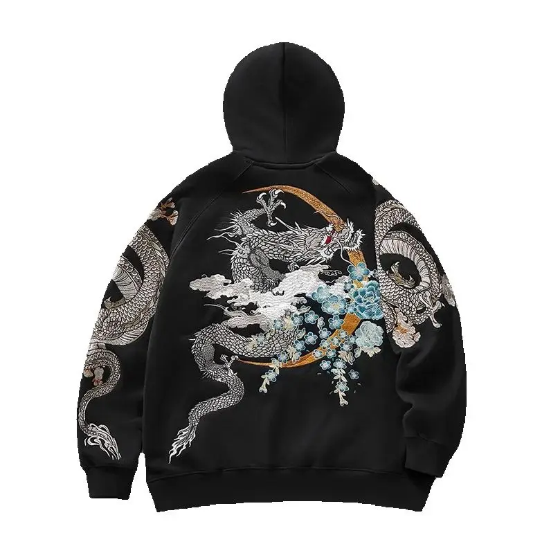 

Мужские худи с вышивкой дракона, толстовка с капюшоном из плотного хлопка, хип-хоп оверсайз пуловер, люксовая модель для весны, осени и зимы D001