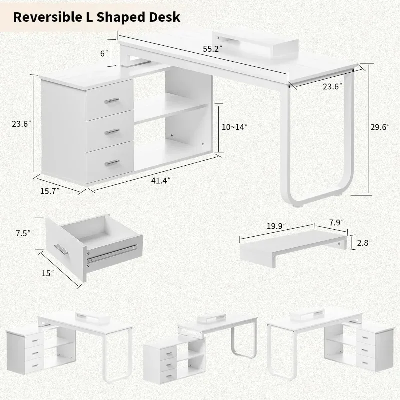 White L Shaped Computer Desk with Storage Drawers, 55 Inch Reversible L Shaped Desk with 2 Shelves and Monitor Stand