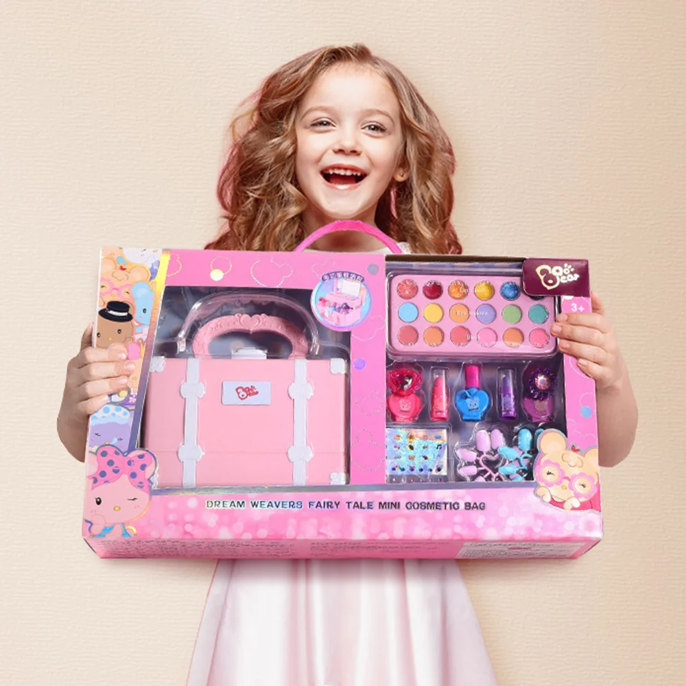 Washable Kids Makeup Kit for Little Girl Real Makeup Toy Set with Retro Beauty Makeup Box Nail Polish Lipsticks Safe & Non-toxic