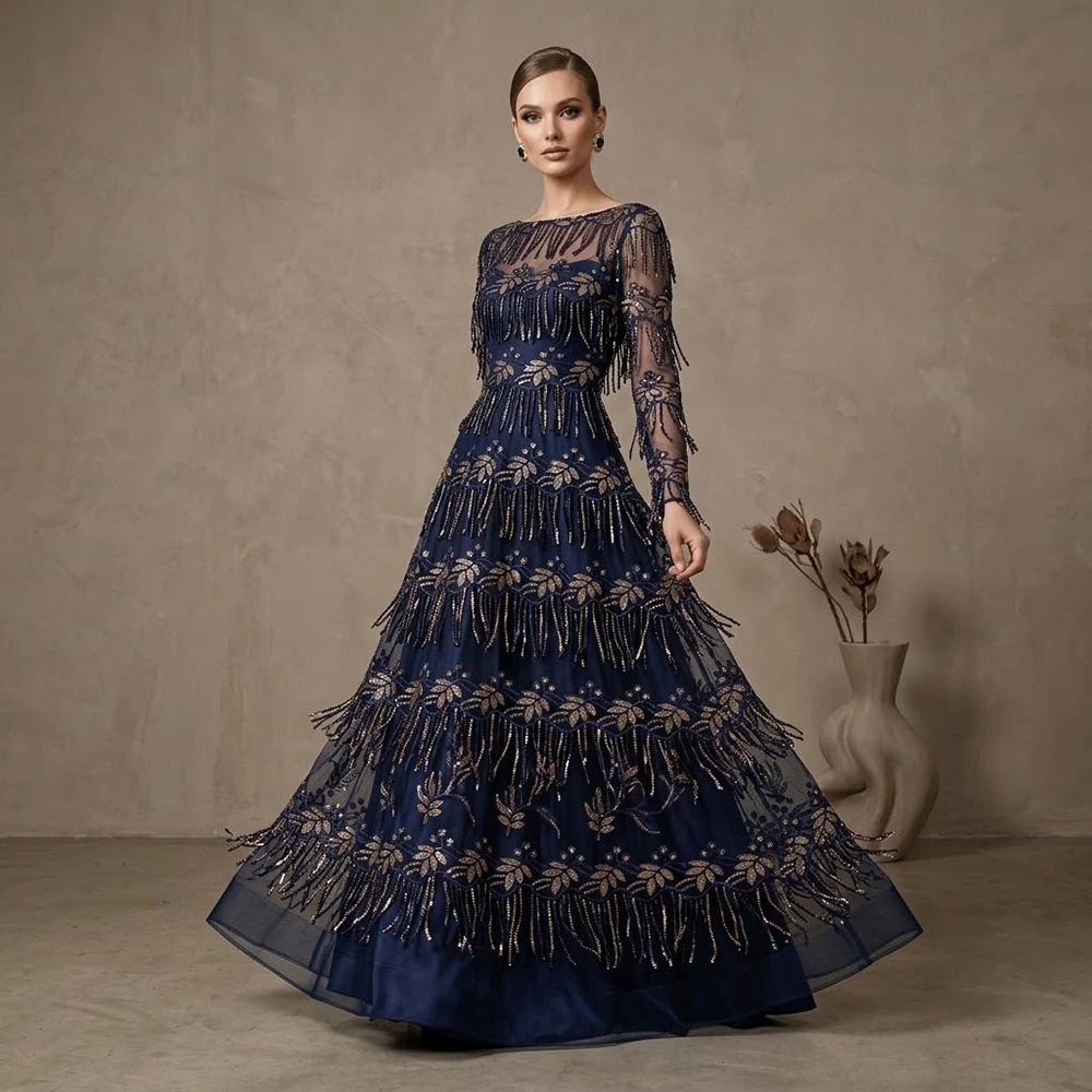Navy Blue Fringe Tassel Beaded Mesh Lace Fabric African Nigerian Embroidered Tulle Lace For Evening Dress Sewing Material