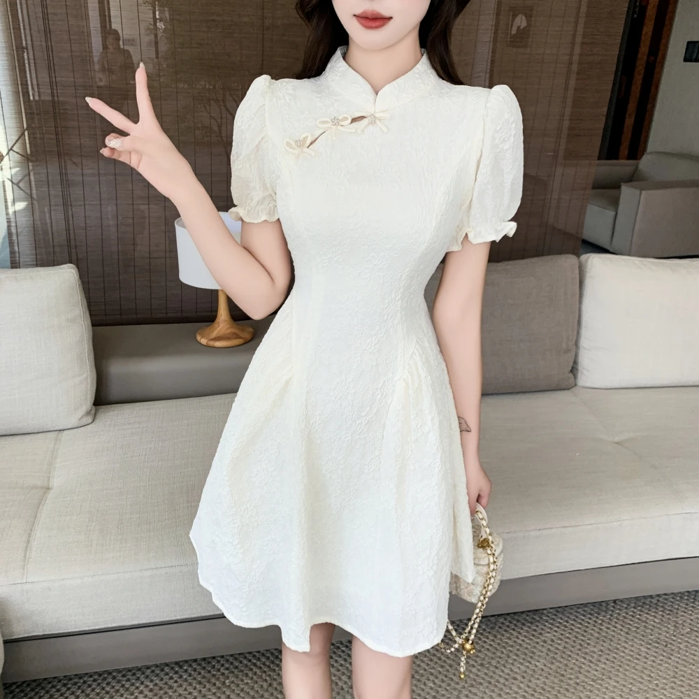 EIYOVVI 2024 Summer New Small Fresh Bow Bubble Sleeves Sweet And Age Reducing Short Form Small Dress Korea Elegant Dresses