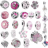 Sparkling Pink Flowers Series Cherry Blossom Daisy Charm Beads Fit Original 925 Silver Bracelet DIY Women Jewelry Gifts