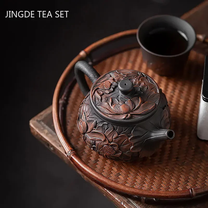 Retro Purple Pottery Teapot Hand-carved Dragon Pattern Xishi Pot Ball Hole Filter Beauty Tea Infuser Chinese Pu \'er Tea Set