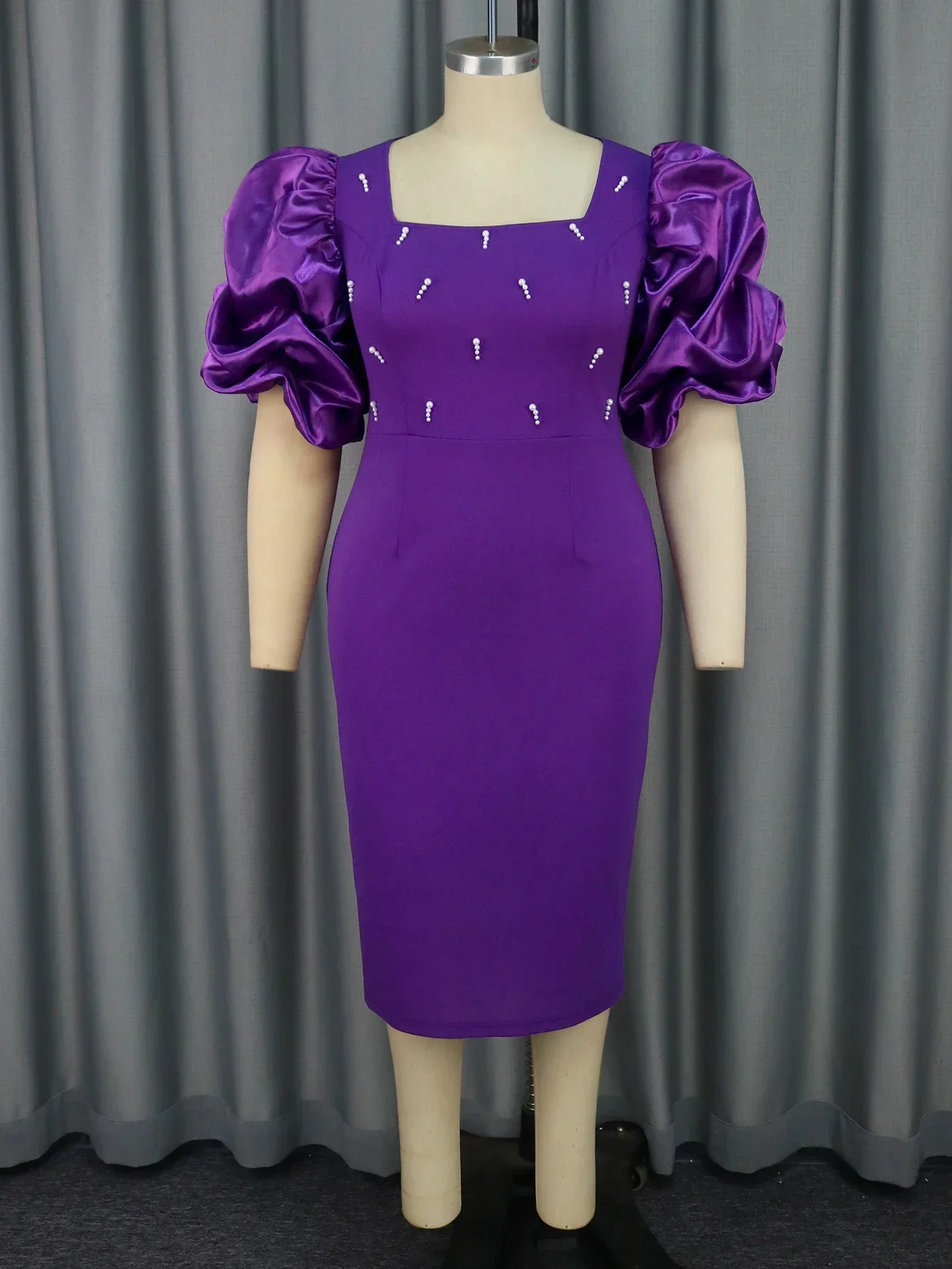 Women Elegant Purple Beaded Dress Short Ruffle Bubble Sleeve Square Neck Pencil Bodycon Gowns Evening Party Clothing Plus Size