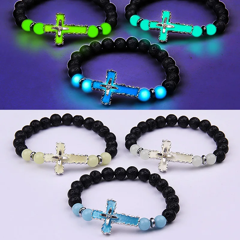 Natural Stone Cross Prayer Bracelet Hematite Volcanic Stone Stretch Beaded Bracelet Men Women Meditation Healing Bracelet