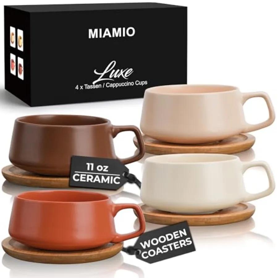 

11 Oz., Set of 4 Ceramic Tea Cup and Saucer Bamboo/Tea Mug - Wide Cappuccino Cup, Coffee Cups Ceramic Mug for Cappuccino, Latte