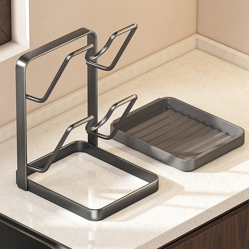 

No Drill Pot Lid Organizer Kitchen Space Saving Rack with Drainage Tray Countertop Storage