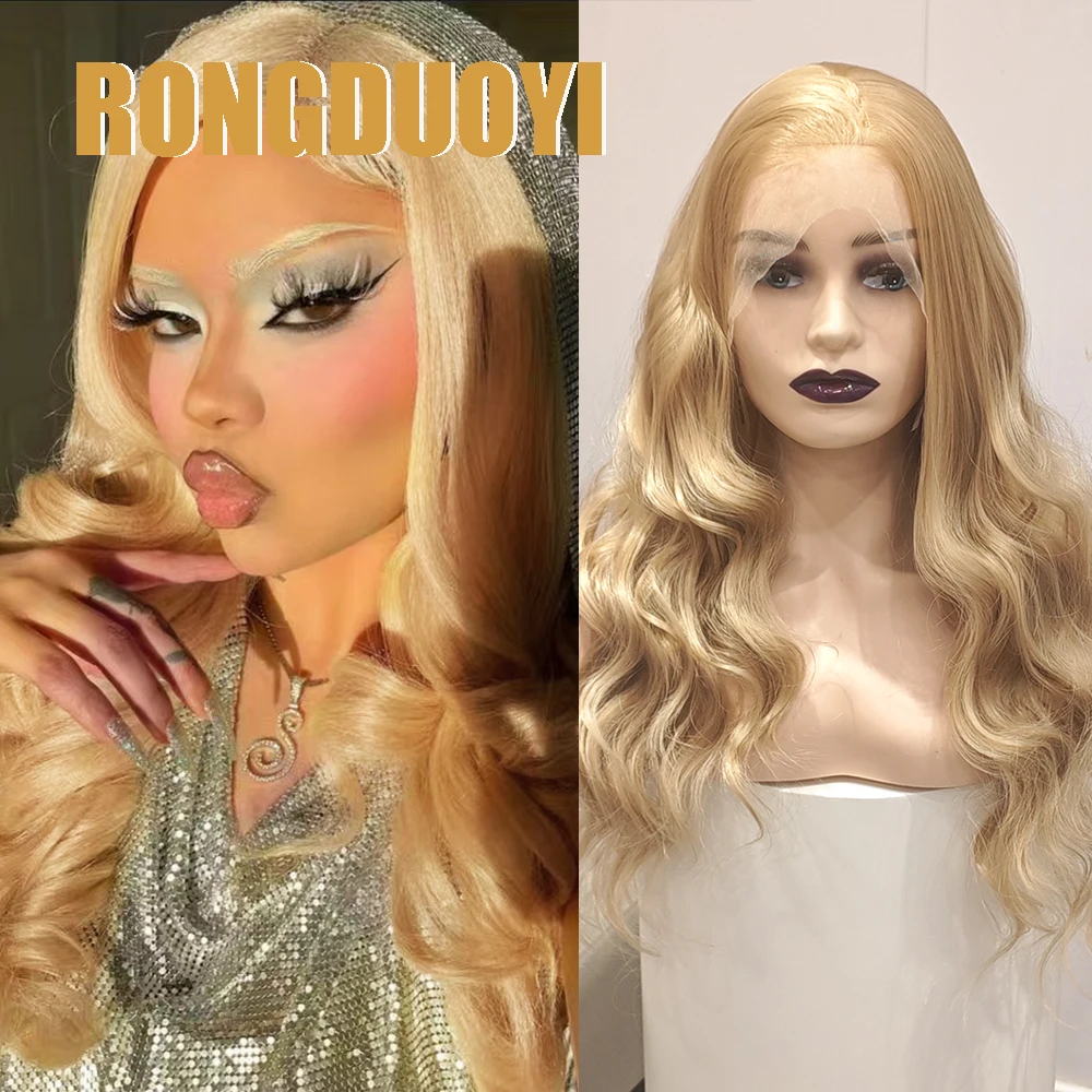 RONGDUOYI Golden Blonde Synthetic Hair Body Wave Free Part Blonde Hair Makeup Use Lace Front Wig Women Wear Glueless Blond Wigs