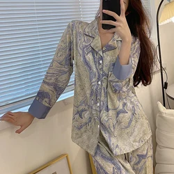 Autumn Pajama Women Silk Satin Pajamas Set Short Sleeve Tops and Trouser Two Piece Set Sleepwear Loungewear Button Down Pijama