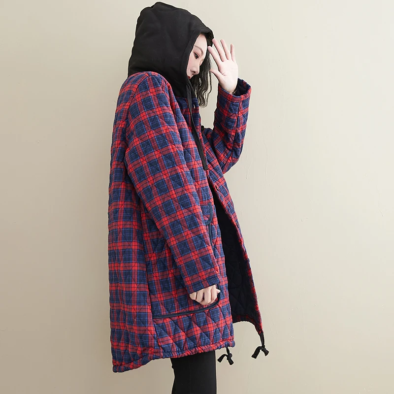 

Thiened Cotton Linen Plaid Jaet Large Size Women's Loose Midi Coat Artistic Vintage Autumn Winter Cotton Clothes