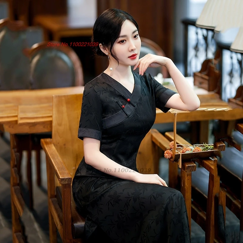 2025 vietnam aodai dress traditional chinese improved qipao national flower print v-neck cheongsam banquet evening dress qipao