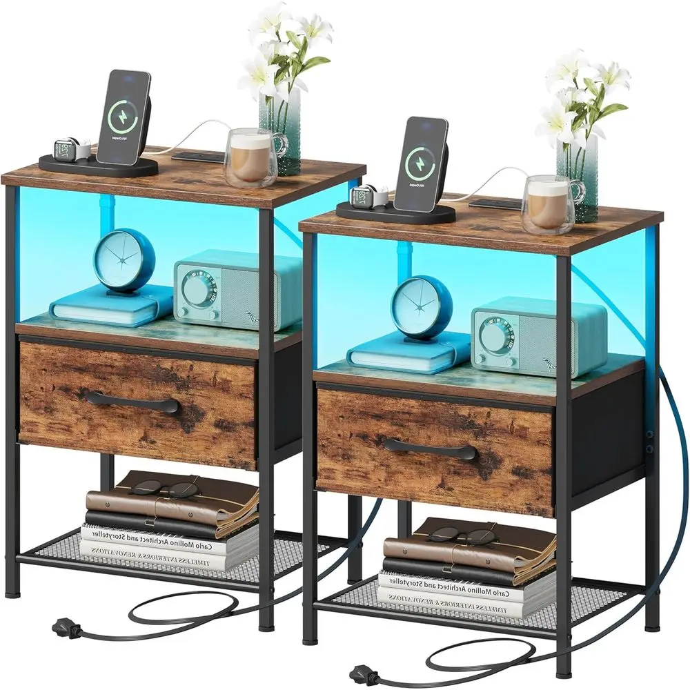 

Rustic Brown 3-Tier LED Nightstand with Charging Station and Fabric Drawer for Bedroom