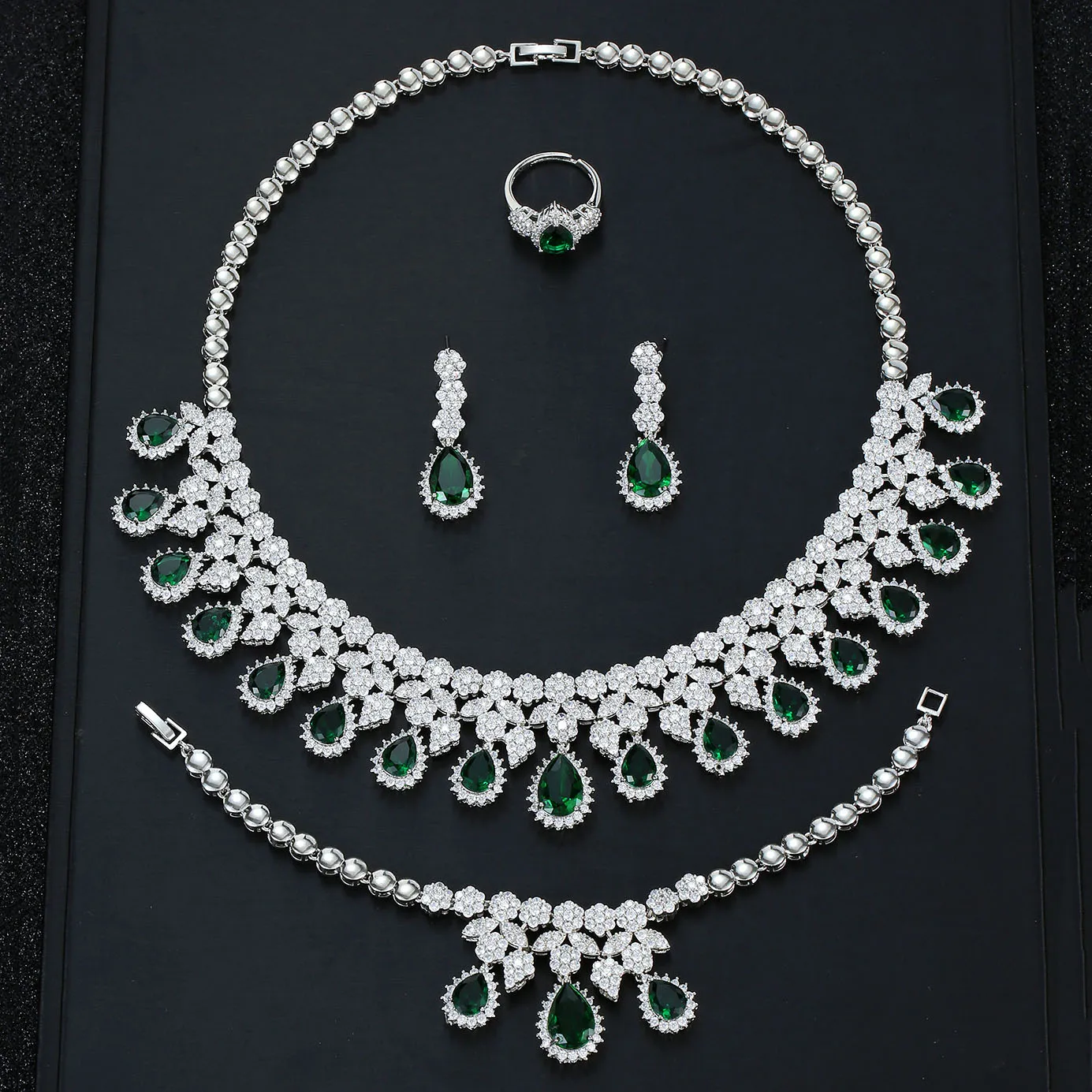 4pcs set jewelry zirconia luxury necklace earrings ring bracelet green zircon water drop pendant wedding dinner party women gift