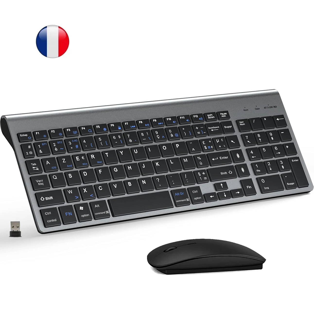 AZERTY Layout French Ultra Slim Dual Mode Three Channel Bluetooth Keyboard and Mouse Combo for PC Laptop Windows IOS Mac Android