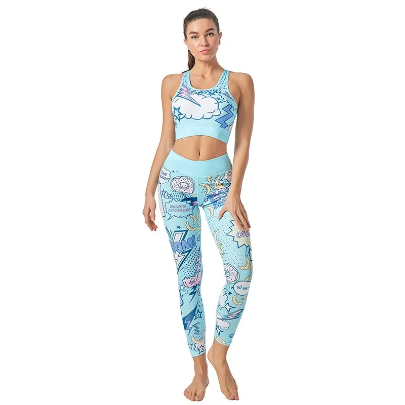 Printed Pants Bottoms Women\'s Sports Fitness Bra Yoga Suit Explosive Cartoon Letter Pattern Absorb Sweat Breathable Sweat