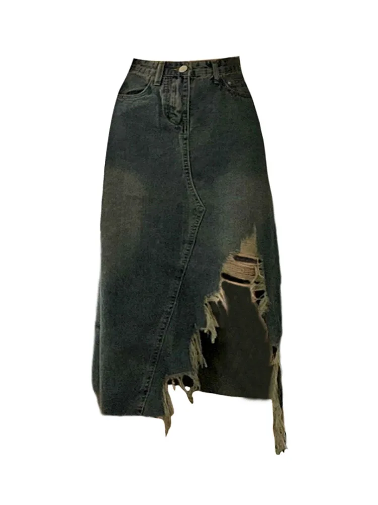 

Fashion Asymmetrical Blue Denim Skirt Split Hem Women Clothing Summer Sexy A-Line Hip Skirts Tassel Bottoms Streetwear Vintage