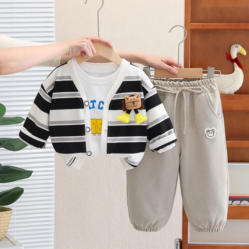 

Childrens Clothing Set 2024 Spring Baby Boy Clothes 1-5T Striped Cartoon Lion Cardigan Coats White T-shirts Pants Boys Outfit