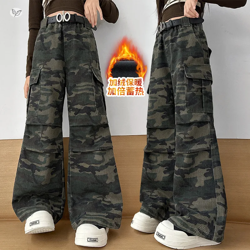 

Girls' Fashion Camouflage Cargo Pants Winter Fleece-lined Wide-leg Pants New for 2025 Youth Autumn/Winter Long Pants