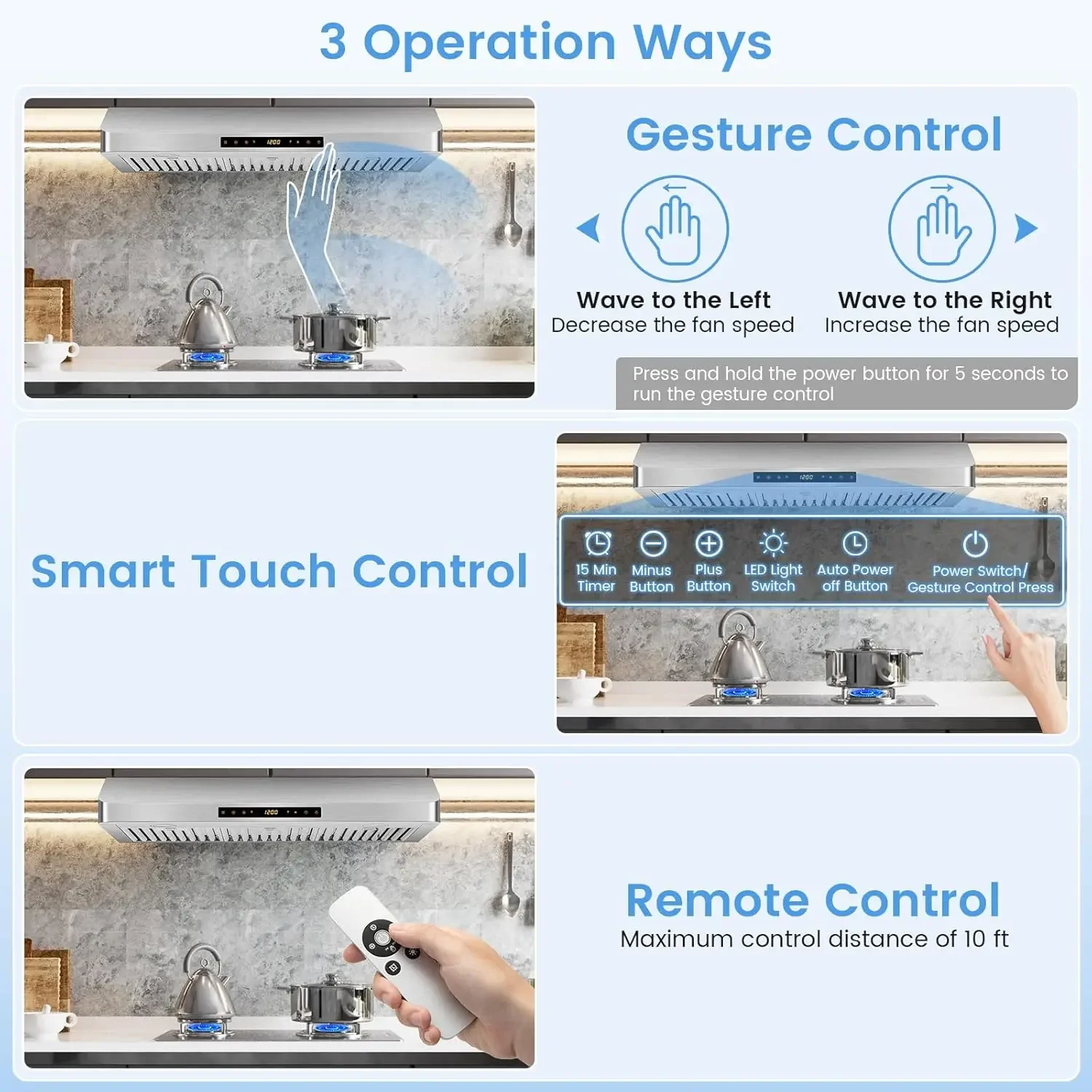 Under Cabinet Range Hood,  Stainless Steel Stove Vent Hood w/ 4-Speed Fan, Gesture/Touch/Remote