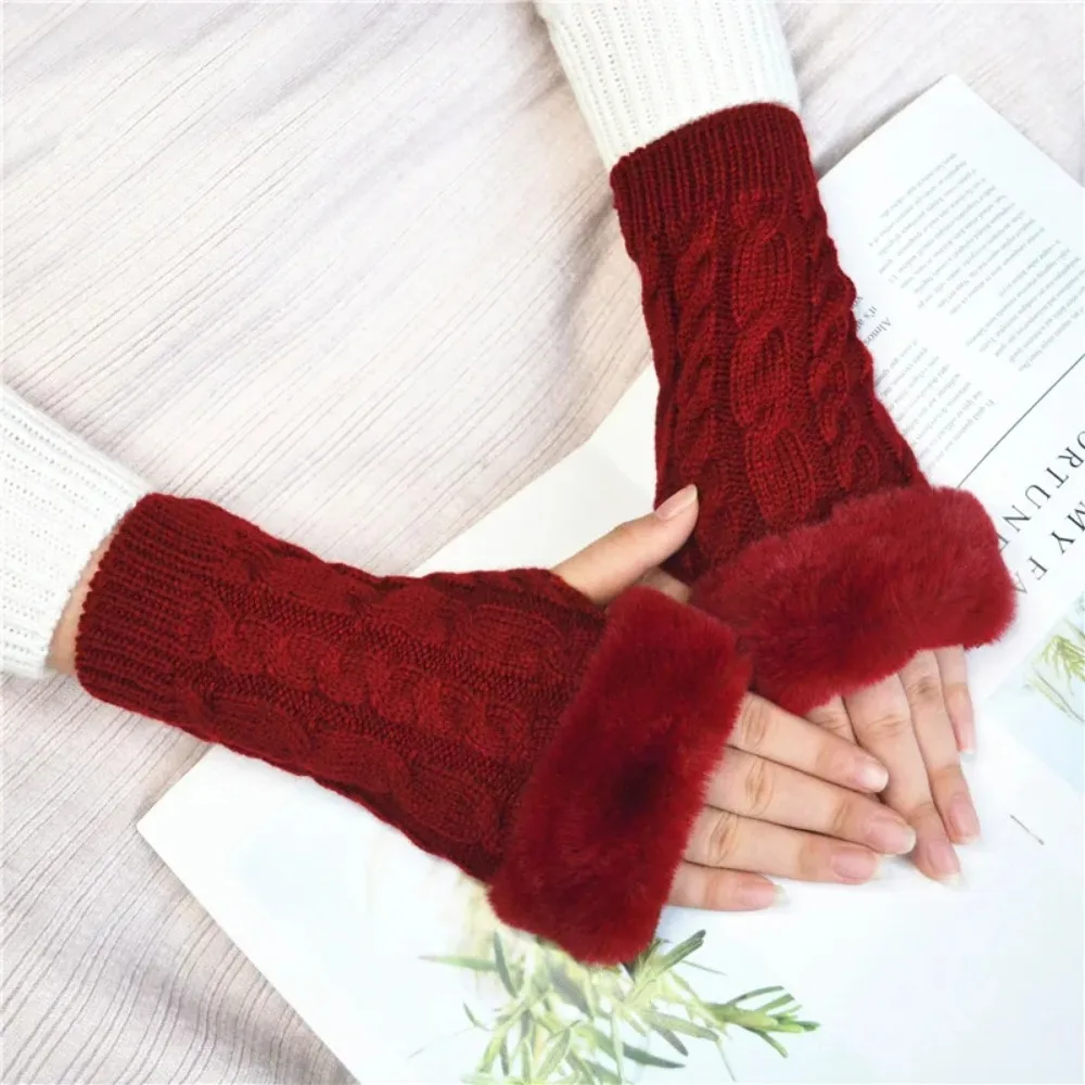 Women's Half Finger Gloves Open Finger Writing Warm Hand Warmer Solid Color Knitted Wool Twist Arm Sleeves Fingerless Gloves