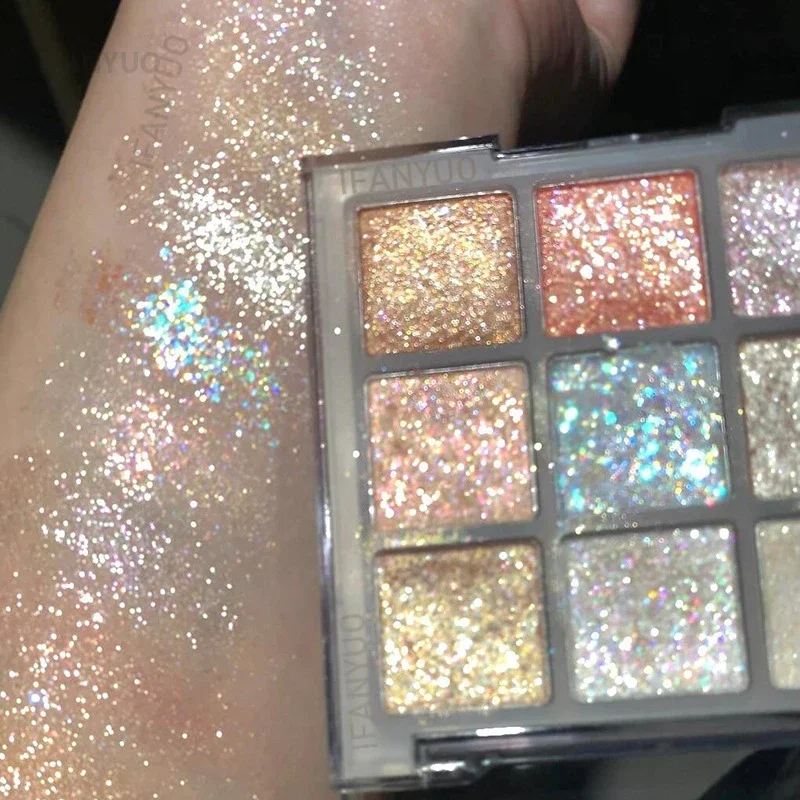 Full Pearlescent Glitter Eyeshadow Palette 9 Color Sparkling Coral Orange Sequin Shimmery Eye Shadow Highlight Powder Makeup