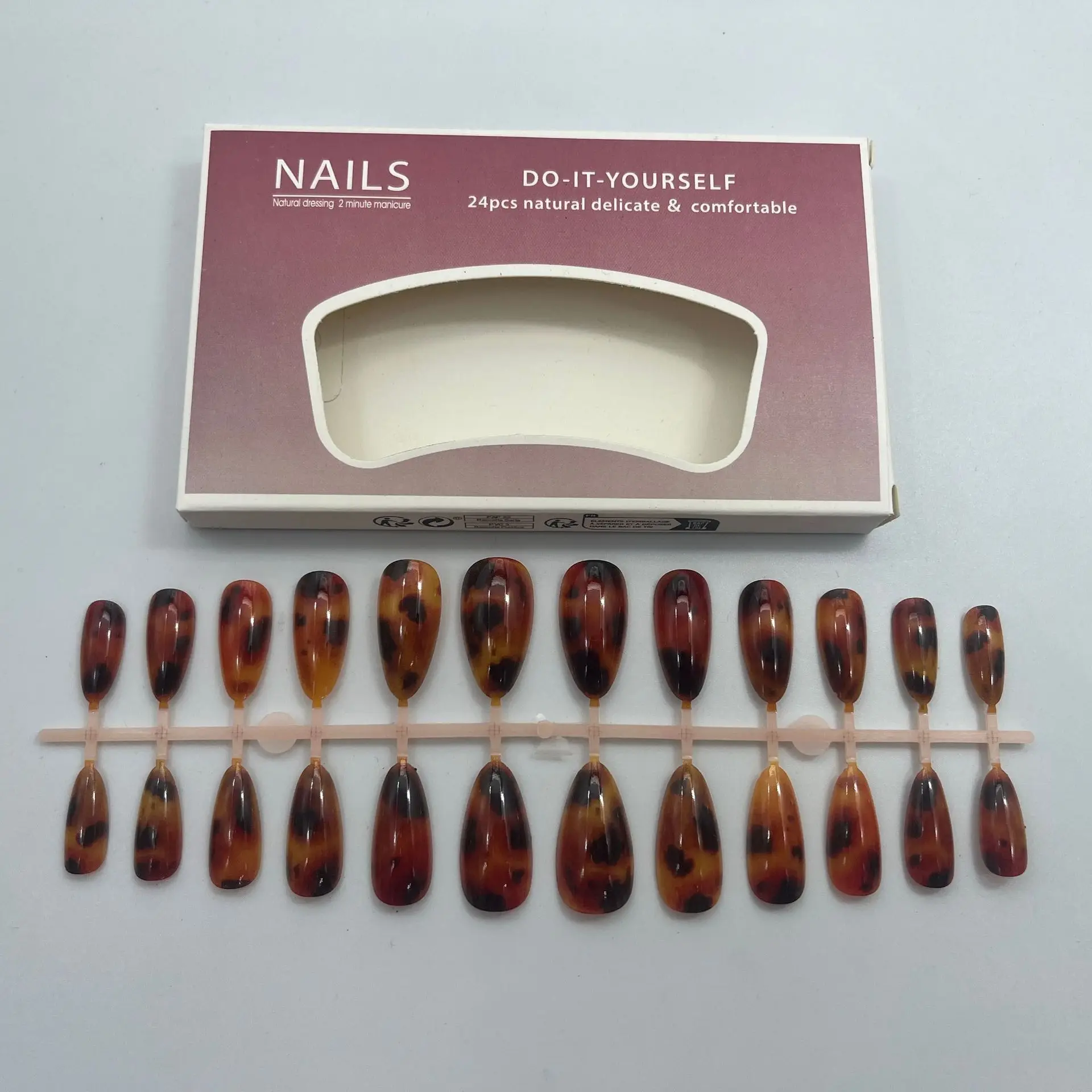 أظافر بنية اضغط على الفهد طباعة الأظافر وهمية متوسطة اللوز أظافر صناعية مع تصميم لامع غطاء كامل الغراء على الأظافر 24 قطعة #2
