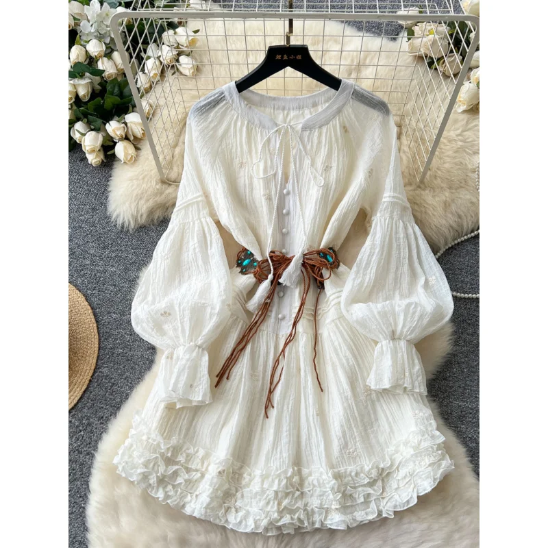 

Vacation Style Dress for Women2025Spring French Style Tie Waist Single-Breasted Lantern Sleeve Ruffle Fairy Short Dress