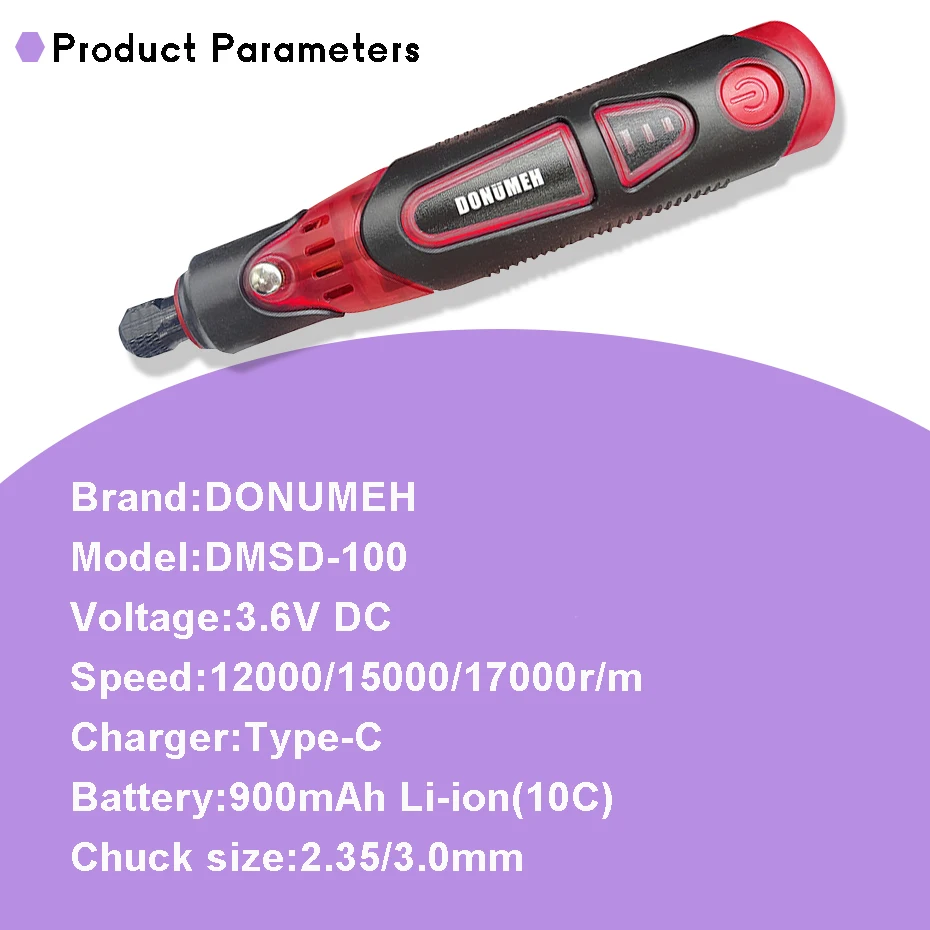 DONUMEH Mini Cordless Rotary Tool Kit 3.6V Rechargeable Grinder 3 Speeds Type-c Multi-Purpose for Polishing Sanding Engraving