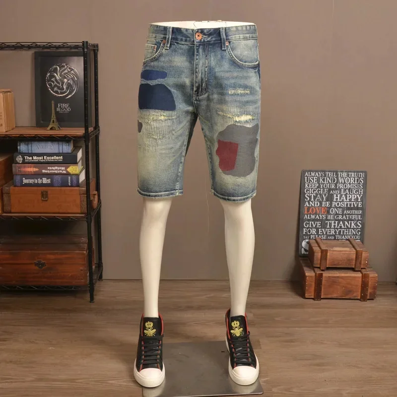 夏レトロヴィンテージ刺繍デニムショートパンツメンズトレンディブランドスリムフィットストレートレッグ弾性ウォッシュカジュアル 5 クォーターパンツ