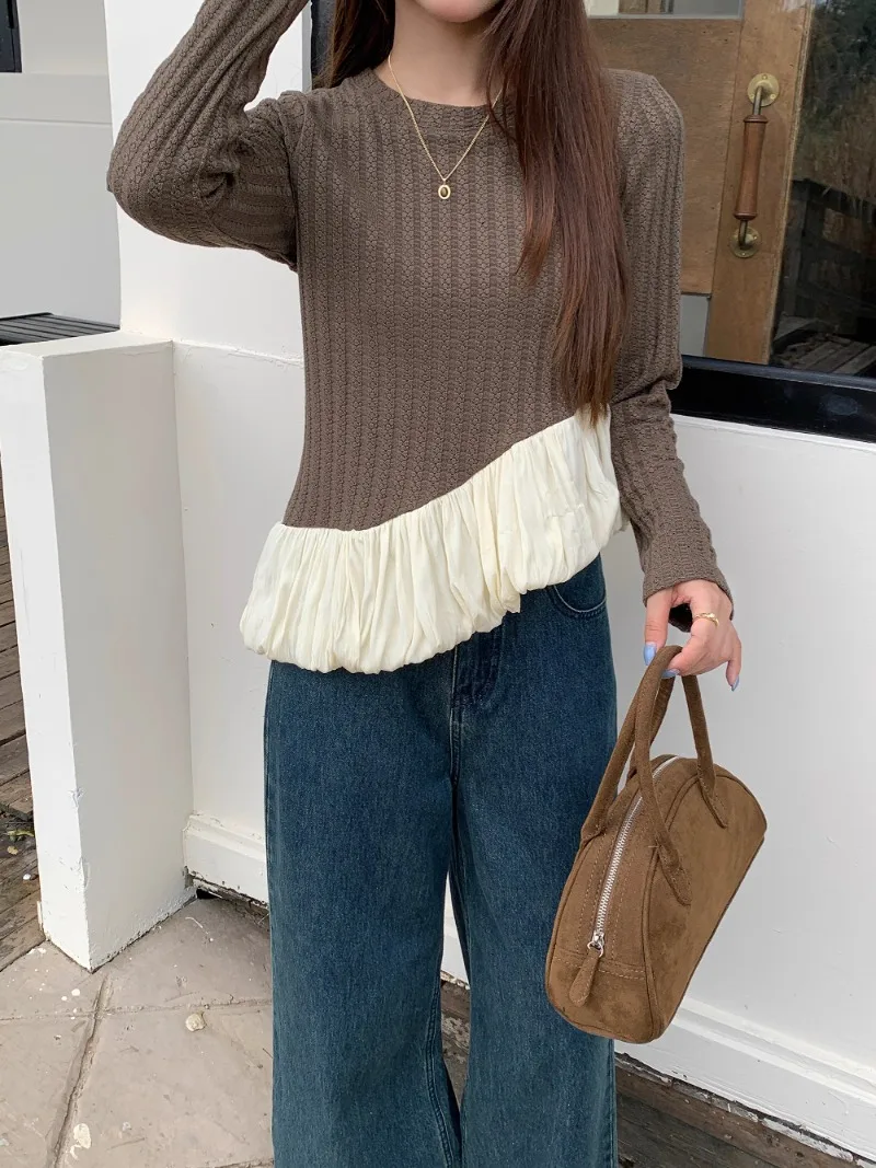 2024 Autumn New Fashion Tees Ruffle Edge Splicing Light Luxury Temperament Thin Long-sleeved Short Knitted T-shirt Top For Women