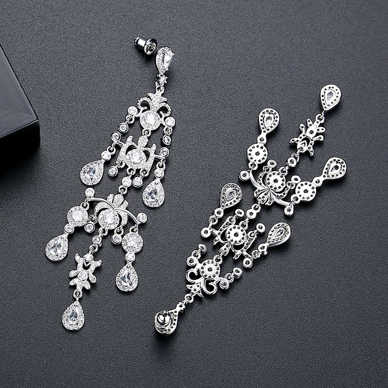 LUOTEEMI Luxury Cubic Zirconia Chandelier Earrings for Women Crystal Long Tassel Wedding Bridal Dangle Engagement Accessories