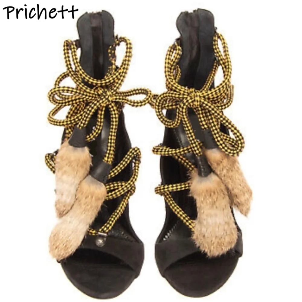 furry fringe string sandals thin heels straight strap narrow band black shoes summer fashion sexy beige fur party shoes 2025