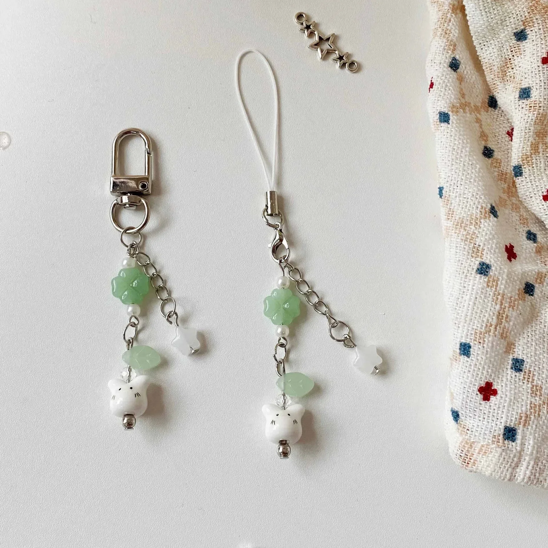Handmade Four Leaf Clover Beaded Phone Charm Y2K Cute Ceramics Cat Backpack Keychain Bag Key Ring for Girls Christmas Gift image 2