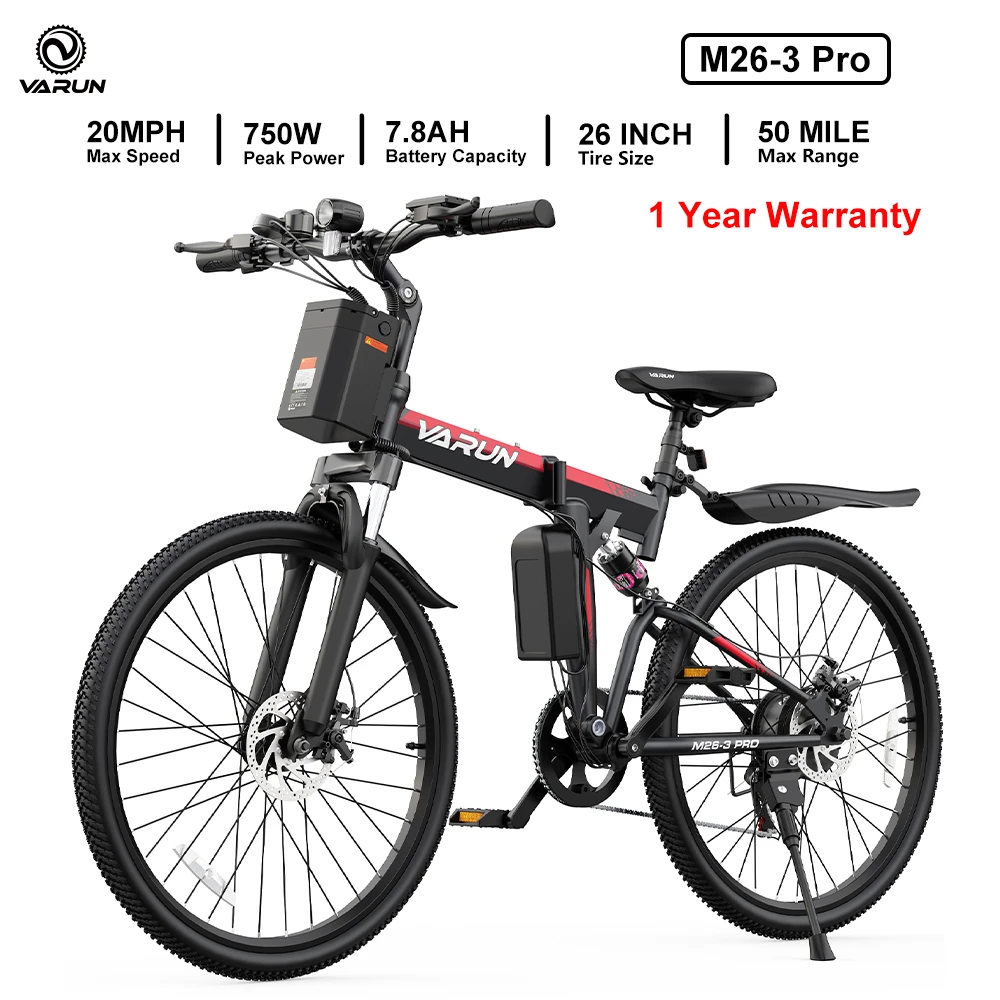 دراجة كهربائية Varun M26-3 Pro للبالغين، طاقة ذروة 750 وات، بطارية 48 فولت 7.8 أمبير في الساعة، إطار 26 بوصة، 20 ميجا في الساعة، دراجة إلكترونية UL 2849، ضمان لمدة سنة واحدة #1